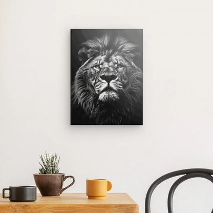 Tableau Lion Gros Plan Noir et Blanc portrait sur toile tendue dans une pièce moderne avec une tasse à café et une plante sur la table.