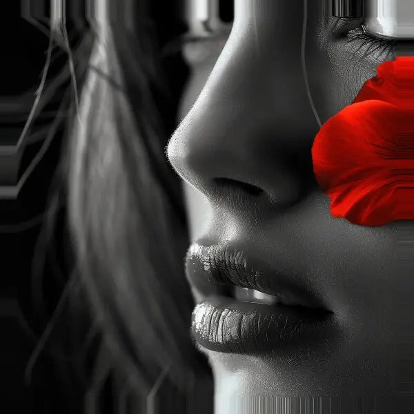 Gros plan d'un visage de femme en niveaux de gris avec un pétale de fleur rouge vif sur sa joue, soulignant ses lèvres et les détails de sa peau, imprimé sur Tableau Portrait Femme Noir et Blanc Fleur Rouge.