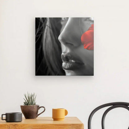 Tableau Portrait Femme Noir et Blanc Fleur Rouge - #tag1# - #tag2# 
