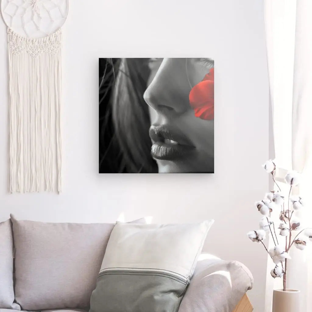 Tableau Portrait Femme Noir et Blanc Fleur Rouge - #tag1# - #tag2# 