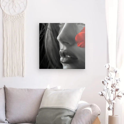 Tableau Portrait Femme Noir et Blanc Fleur Rouge - #tag1# - #tag2# 