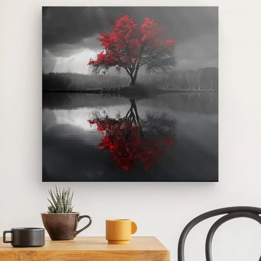 Un Tableau Paysage Noir et Blanc Arbre Rouge représentant un arbre rouge vif solitaire se reflétant dans un lac, sur un paysage monochrome, exposé au-dessus d'une table en bois avec une tasse et une plante en pot.