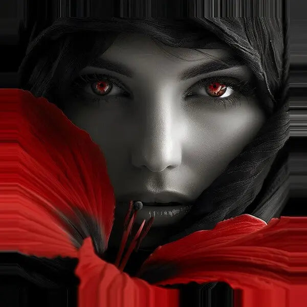 Une reproduction Tableau Femme Noir et Blanc Touche de Rouge d'une femme aux yeux rouges saisissants et à une fleur rouge, partiellement recouverte d'un voile noir.