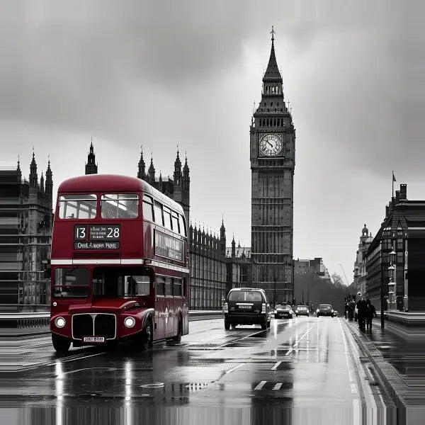 Un bus rouge à impériale se déplace dans une rue pluvieuse avec Big Ben et le Parlement britannique en arrière-plan, tous représentés sur une toile à texture fine en noir et blanc, à l'exception du Tableau Big Ben Londre Noir et Blanc Bus Rouge.