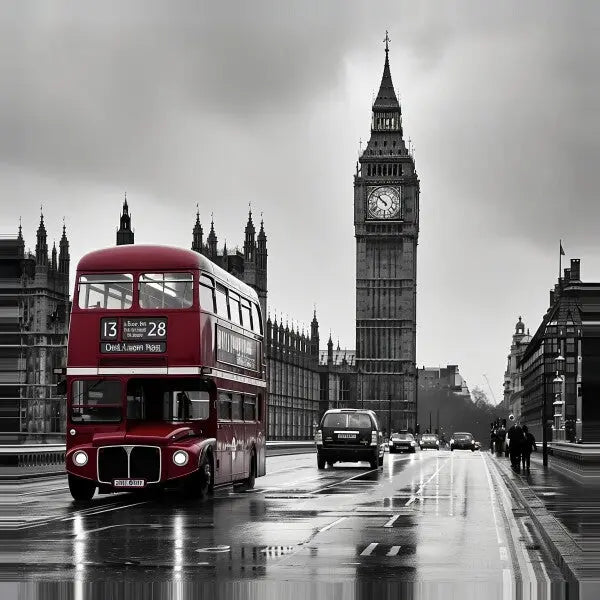 Un bus rouge à impériale sur une route mouillée près du Tableau Big Ben Londre Noir et Blanc Bus Rouge sous un ciel nuageux à Londres, capturé sur des tirages photo sur toile.