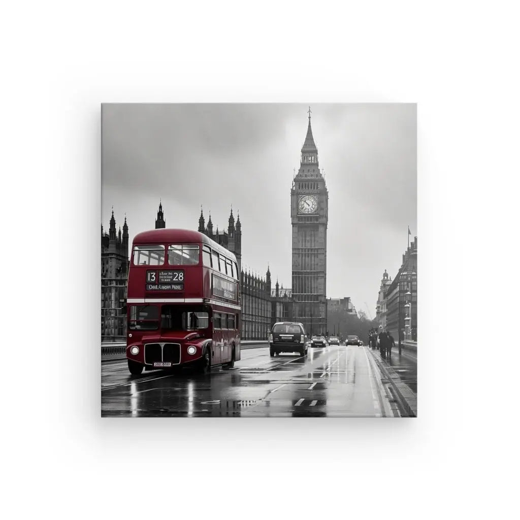 Tableau Big Ben Londre Noir et Blanc Bus Rouge reproduction d'un bus rouge vintage à deux étages dans une rue mouillée avec la tour de l'horloge Big Ben en arrière-plan à Londres, imprimé avec des encres latex HP.
