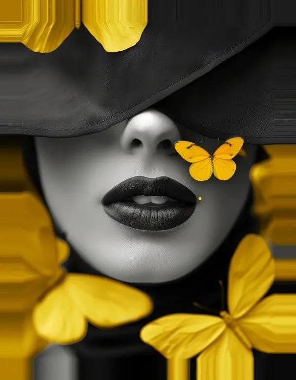 Un Tableau Visage Femme Noir et Blanc Papillons Jaunes présente le portrait d'une personne au rouge à lèvres audacieux, partiellement masqué par un chapeau à bords, entouré de papillons jaunes vibrants. Cette pièce de décoration artistique saisissante capture à la fois l'élégance et le mystère dans sa composition.