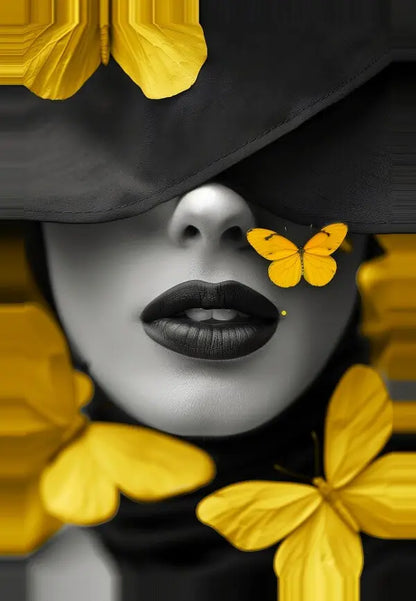 Image en noir et blanc d’une femme avec un rouge à lèvres audacieux partiellement caché sous un chapeau, entourée de papillons jaune vif. Ce ravissant Tableau Visage Femme Noir et Blanc Papillons Jaunes rassemble l'élégance du portrait classique et la touche vibrante de la décoration artistique nature.
