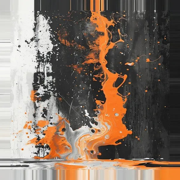 Un **Tableau Abstrait Noir et Blanc Touche d'Orange** présentant des éclaboussures et des stries d'orange, de blanc et de noir sur une toile orientée verticalement. Les couleurs se mélangent et coulent, avec une touche vibrante d'orange, créant une composition dynamique et fluide qui incarne l'art contemporain.