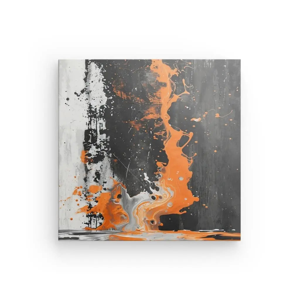 Une peinture abstraite présentant des touches de couleurs orange, noir et blanc sur une toile, affichant un motif vertical fluide avec des textures et des nuances variées, incarnant Tableau Abstrait Noir et Blanc Touche d'Orange avec sa touche vibrante d'orange.