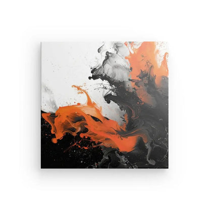 Peinture abstraite avec des tourbillons vibrants d'orange, de noir et de gris sur fond blanc, parfaite pour ajouter une touche de Tableau Moderne Volutes Noires Blanches et Oranges à votre décoration intérieure.