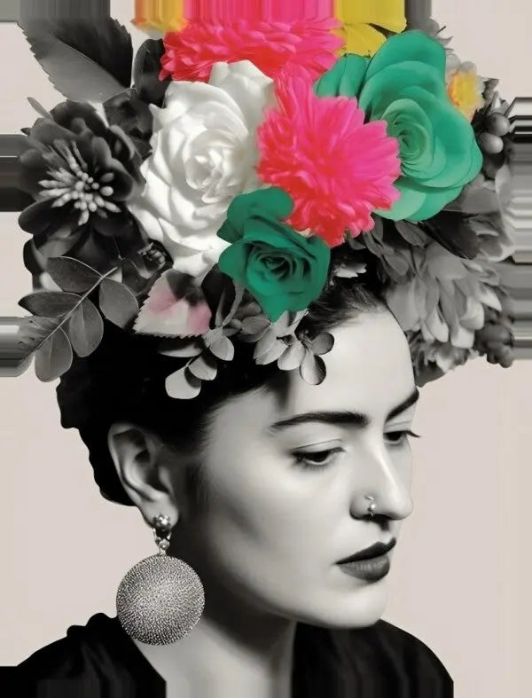 Photo en noir et blanc d'une personne portant de grandes créoles et une coiffe ornée de grandes fleurs et feuilles colorées, évoquant l'héritage artistique du Tableau Frida Khalo Noir Blanc Touche de Couleur.