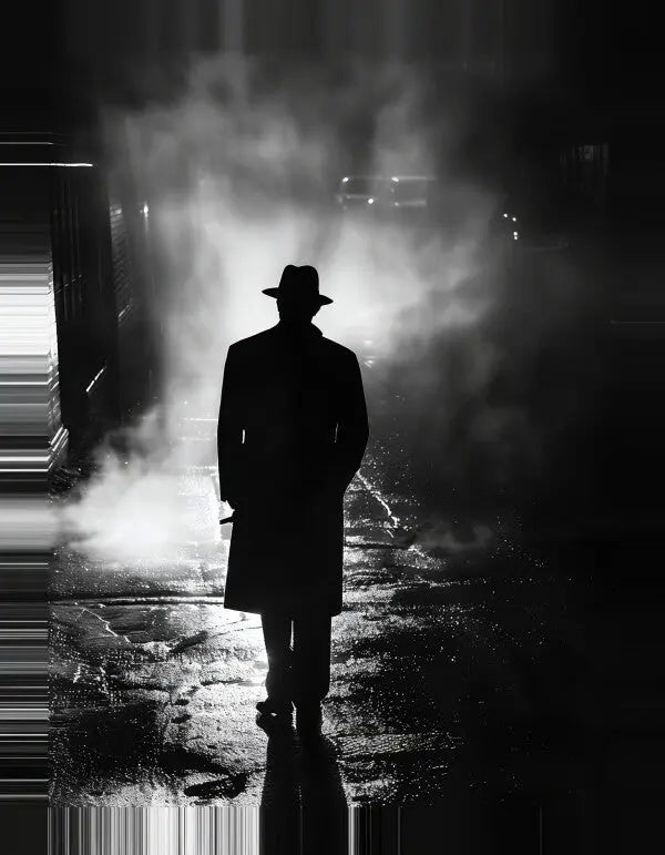 Silhouette d'une personne portant un trench-coat et un chapeau, marchant seule dans une rue brumeuse et faiblement éclairée la nuit, évoquant un air de Tableau Homme Ombre Ruelle Sombre Suspens Noir et Blanc.