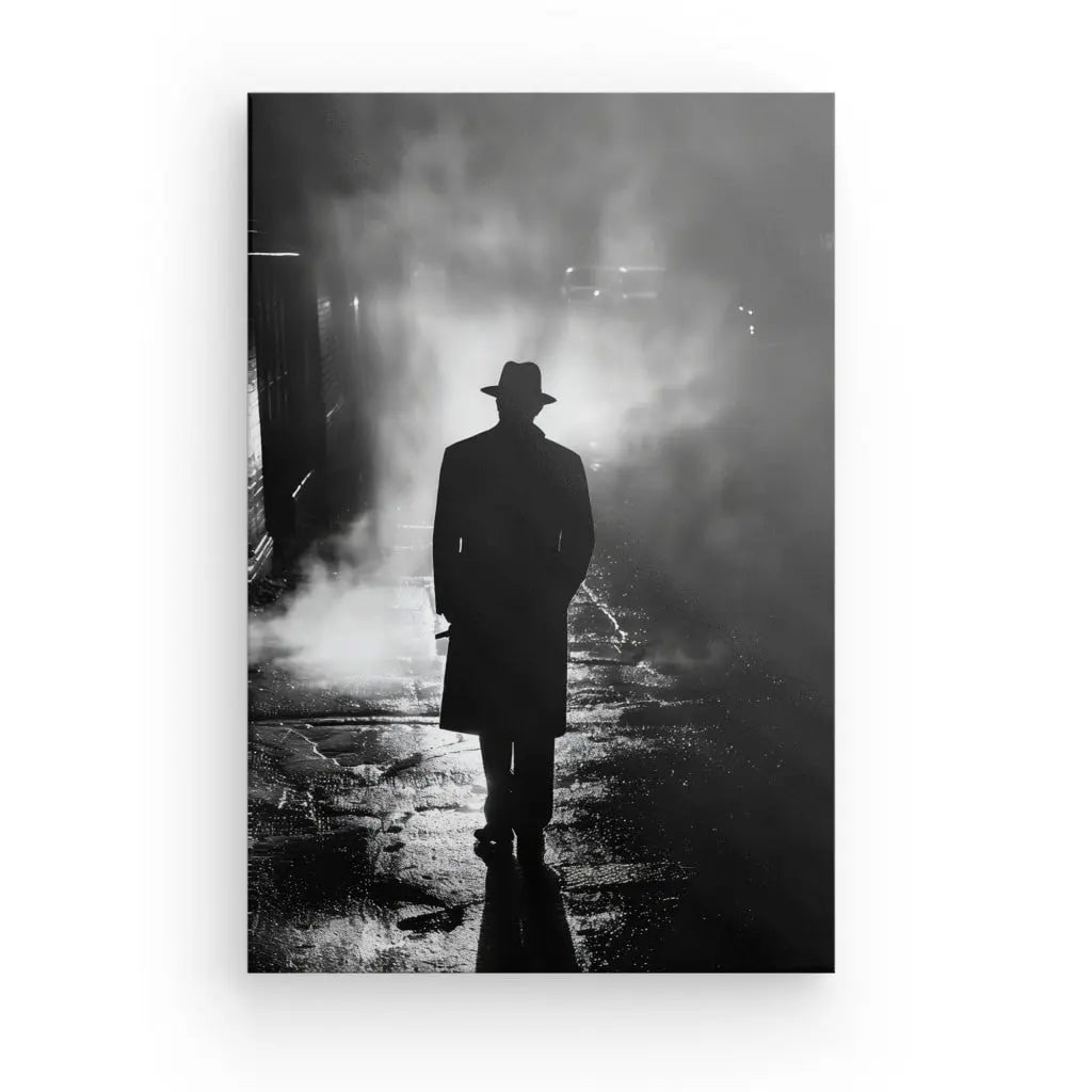 Une silhouette d'homme ombre portant un trench-coat et un chapeau, marchant dans une rue brumeuse et faiblement éclairée. La scène Tableau Homme Ombre Ruelle Sombre Suspens Noir et Blanc évoque mystère et suspens.