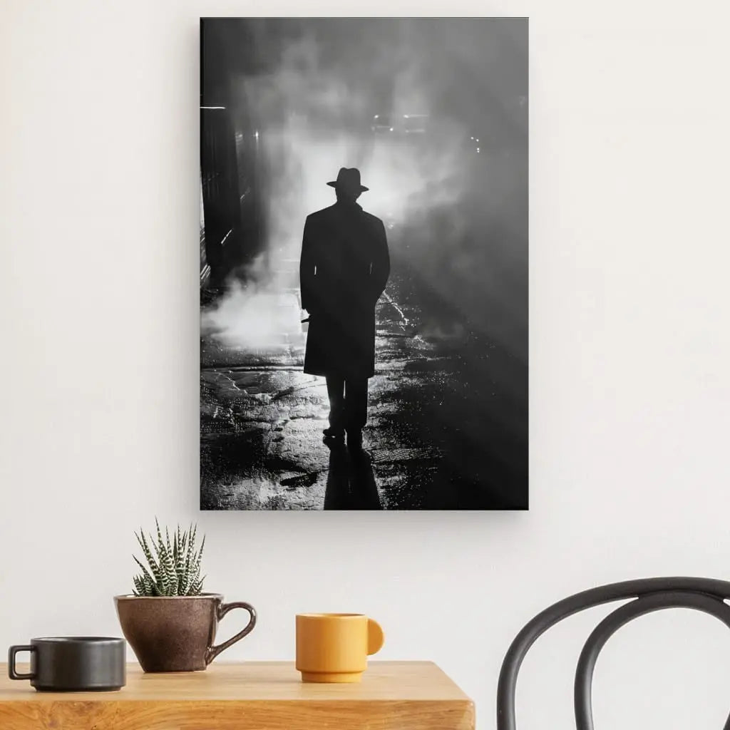 Photo en noir et blanc d'un homme ombré à la silhouette portant un chapeau et un trench-coat marchant dans une ruelle brumeuse la nuit. Le *Tableau Homme Ombre Ruelle Sombre Suspens Noir et Blanc* est encadré et accroché sur un mur blanc au-dessus d'une table avec des mugs et une petite plante, évoquant un air de mystère et de suspense.