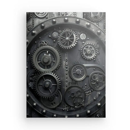 Un gros plan détaillé d'un mécanisme métallique industriel, présentant des Tableau Steampunk Noir et Blanc Engrenages Rouages imbriqués de différentes tailles. Les composants mécaniques sont disposés selon un motif circulaire sur une surface métallique, évoquant une esthétique de tableau steampunk.