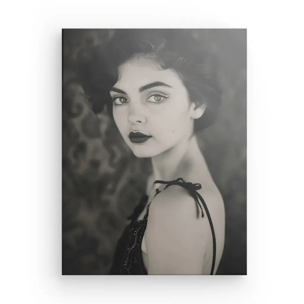 Portrait en noir et blanc d'une femme aux cheveux foncés, vêtue d'une tenue sans manches, regardant par-dessus son épaule vers la caméra. Le fond, flou et au motif subtil, rehausse l'élégance intemporelle du Tableau Femme Vintage Portrait Noir et Blanc.