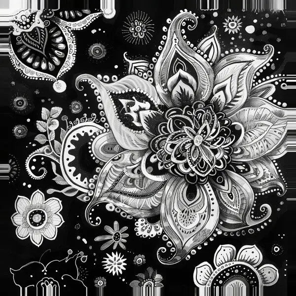 Conception de mandala floral complexe en noir et blanc avec diverses fleurs et feuilles à motifs sur un fond sombre, évoquant une esthétique Boho Fleurs Noir et Blanc de style Tableau.