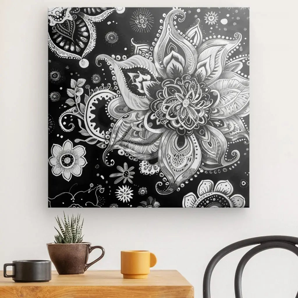 Une superbe pièce de Tableau Style Boho Fleurs Noir et Blanc est accrochée au mur au-dessus d'une table en bois ornée d'une petite plante en pot et de deux tasses, mettant en valeur un mandala floral complexe en noir et blanc qui rehausse l'esthétique de la pièce.