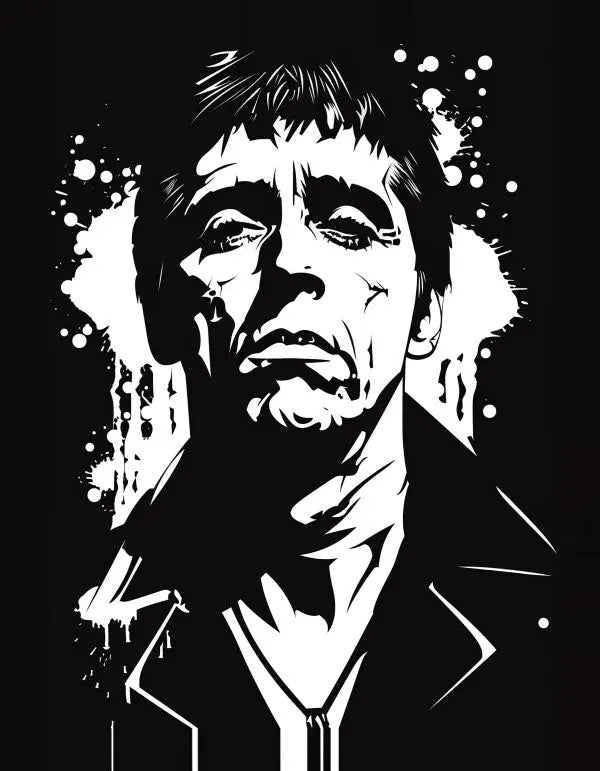 Illustration en noir et blanc d'une personne à l'air sérieux avec un arrière-plan éclaboussé très contrasté, rappelant l'emblématique Tableau Scarface Tony Montana Dessin Noir et Blanc d'Al Pacino.