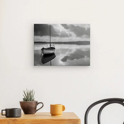 Une photo en noir et blanc intitulée "Tableau Bateau Lac Noir et Blanc" d'un bateau sur des eaux calmes est accrochée sur un mur blanc au-dessus d'une table en bois avec deux tasses, une petite plante et une chaise noire.