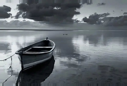 Une petite barque vide est attachée à un poteau sur une eau calme sous un ciel nuageux, avec des reflets visibles à la surface dans ce Tableau Barque Lac Paisible Noir et Blanc.