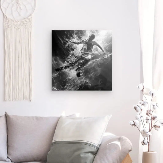 Un Tableau Danseur Fumée Streetwear Noir et Blanc présente un tableau danseur dynamique en mouvement entouré de stries lumineuses abstraites, monté au-dessus d'un canapé blanc avec un coussin beige et blanc.