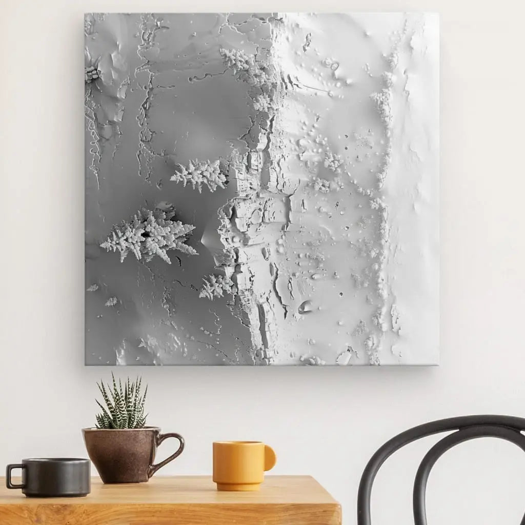 Une pièce minimaliste avec une table en bois, trois mugs de couleurs différentes et une petite plante en pot. Une œuvre murale abstraite en niveaux de gris représentant Tableau Paysage Enneigé Drône Montagne Blanche est suspendue au-dessus de la table.