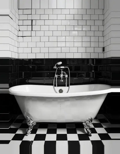 Un Tableau Salle de Bain Baignoire Noir et Blanc classique sur pattes blanches avec des pieds ornés, placé contre un mur avec des carreaux de métro tableau noir et blanc et un motif à carreaux au sol.