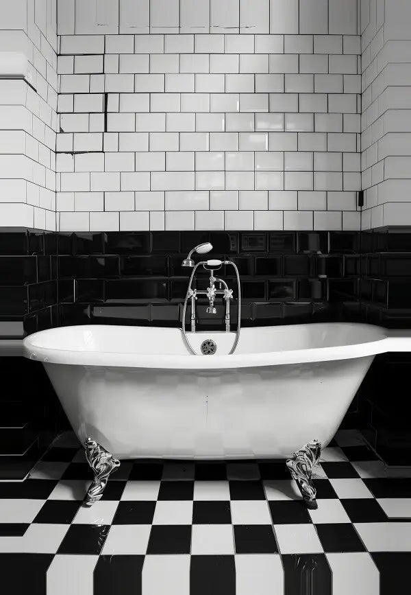 Une baignoire sur pattes avec un robinet vintage se dresse contre un Tableau Salle de Bain Baignoire Noir et Blanc aux murs carrelés noir et blanc dans une salle de bain minimaliste. Le sol en damier noir et blanc s'accorde avec le carrelage du mur, créant le parfait spa à domicile.