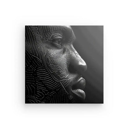 Profil monochrome d'une personne avec des lignes de contour recouvrant son visage, ressemblant à une carte topographique ; une œuvre d'art captivante qui fusionne les éléments du Tableau Profil Moderne Homme Noir et Blanc en parfaite harmonie.