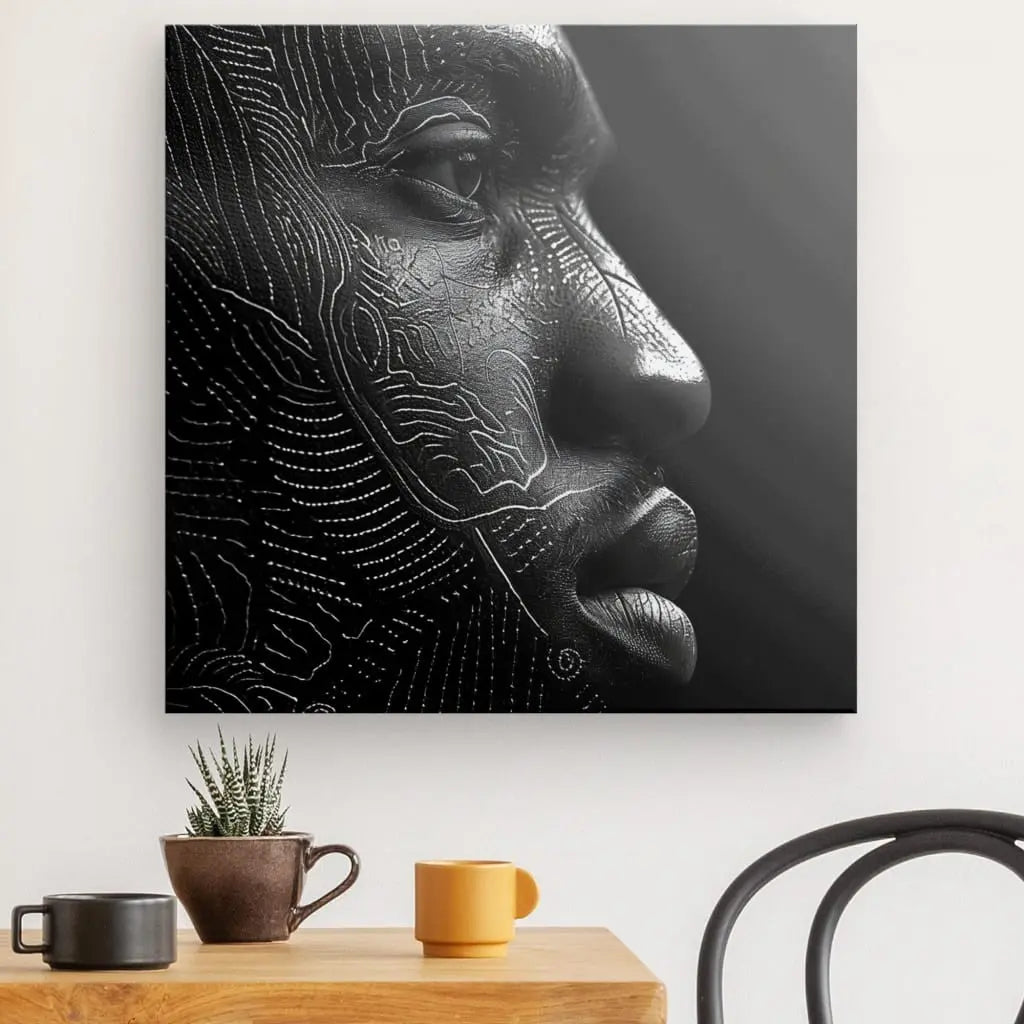 Ce Tableau Profil Moderne Homme Noir et Blanc est une œuvre d'art captivante, présentant une photographie en noir et blanc du profil latéral d'une personne avec des lignes de contour sur son visage. Exposée sur un mur au-dessus d'une table en bois avec une plante en pot et deux tasses, elle crée une atmosphère élégante et sophistiquée.