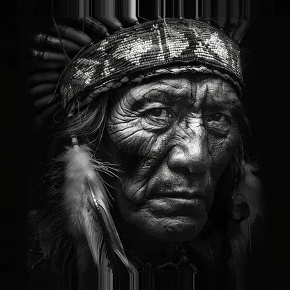 Tableau Indien d'Amérique Coiffe Plumes noir et Blanc - #tag1# - #tag2# 