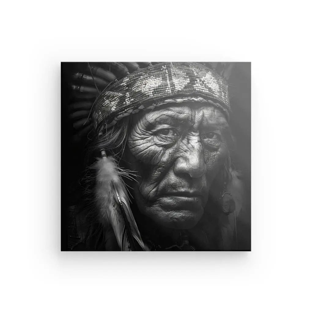 Tableau Indien d'Amérique Coiffe Plumes noir et Blanc - #tag1# - #tag2# 