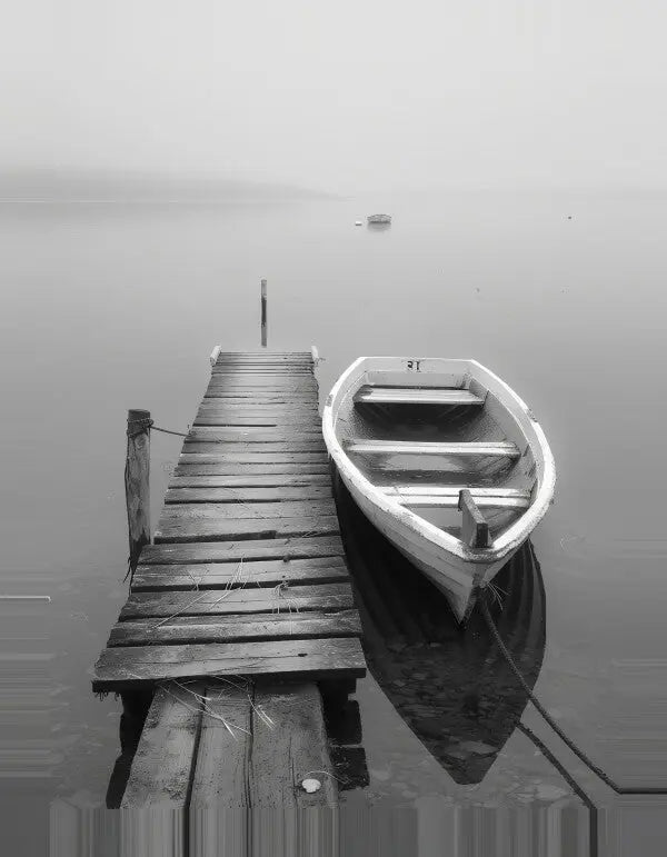 Un Tableau Ponton Barque Lac Noir et Blanc est amarré à un vieux quai en bois s'étendant dans un lac calme et brumeux. La scène, qui rappelle un tableau noir et blanc, évoque une sérénité intemporelle. Un autre bateau est à peine visible au loin.