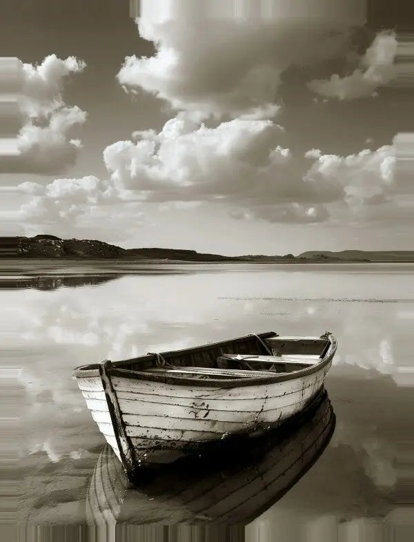 Photographie en noir et blanc d'une barque en bois vide sur une eau calme avec un ciel nuageux en arrière-plan, créant un Tableau Bateau Lac Noir et Blanc Sépia serein, parfait pour une décoration artistique.