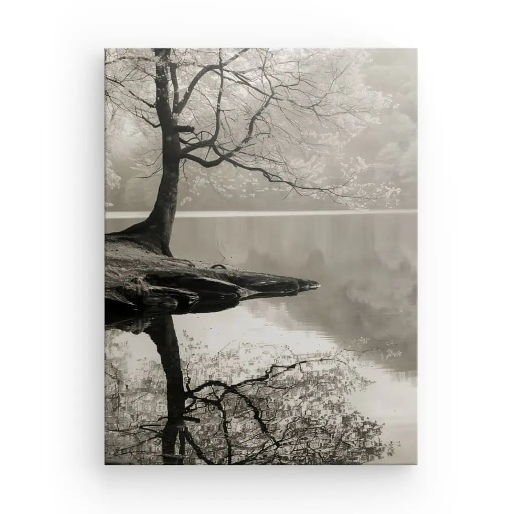 Photo en noir et blanc d'un Tableau Nature Sépia Arbre Noir et Blanc au bord d'un lac calme, avec le reflet de l'arbre clairement visible dans l'eau. Le fond brumeux et les branches nues créent une atmosphère sereine, ce qui le rend parfait pour une décoration intérieure.