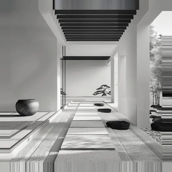 Un couloir minimaliste moderne avec de grands carreaux de pierre, des poutres noires au plafond et une décoration d'inspiration asiatique, comprenant des roches et des plantes en pot. La lumière du soleil projette des ombres sur l’espace propre et ouvert, rehaussant le Tableau Espace Détente Architecture Noir et Blanc de cette décoration intérieure sereine.