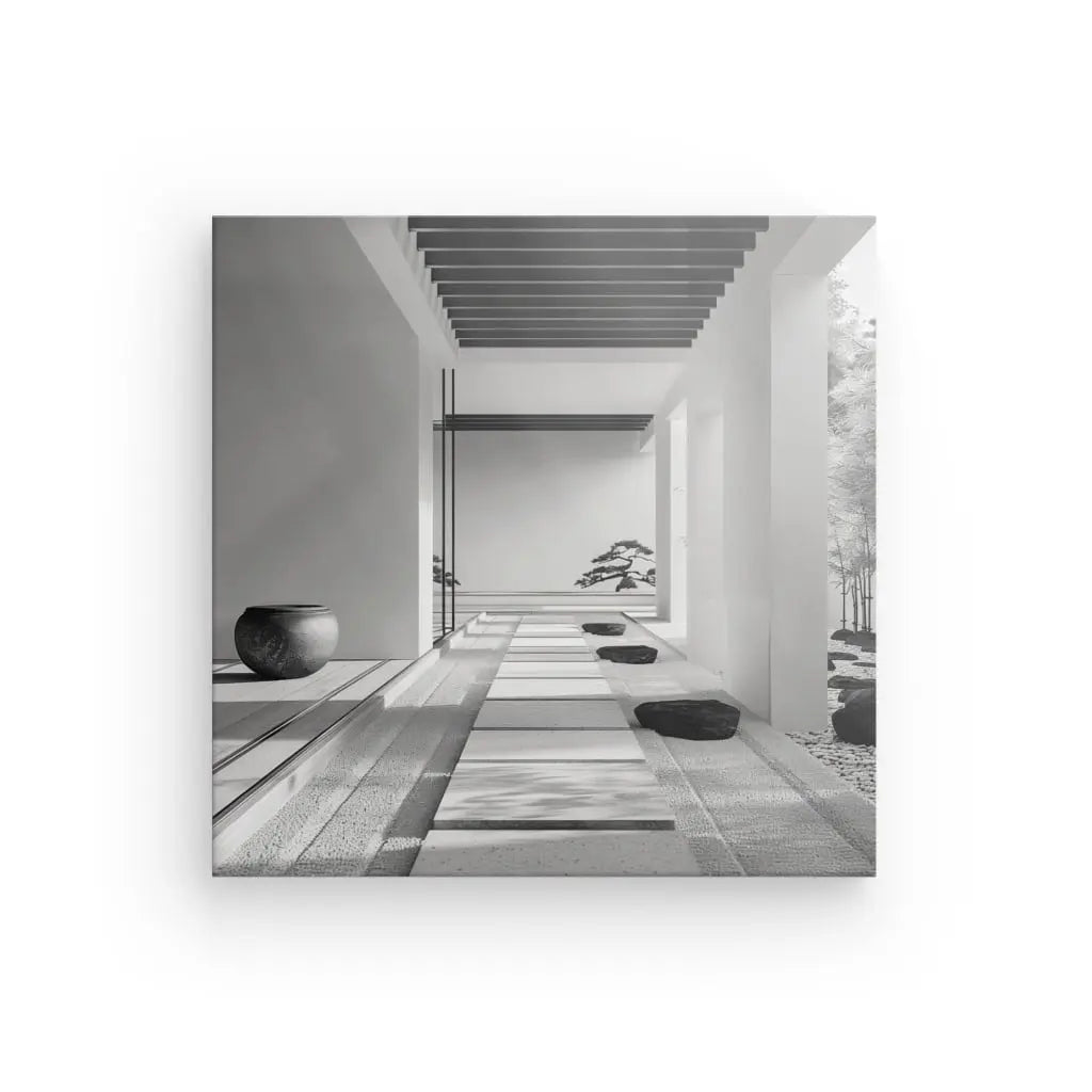 Un Tableau Espace Détente Architecture Noir et Blanc d'un couloir extérieur minimaliste avec des carreaux de pierre, un grand pot et un petit arbre au loin, entouré d'un cadre serein.