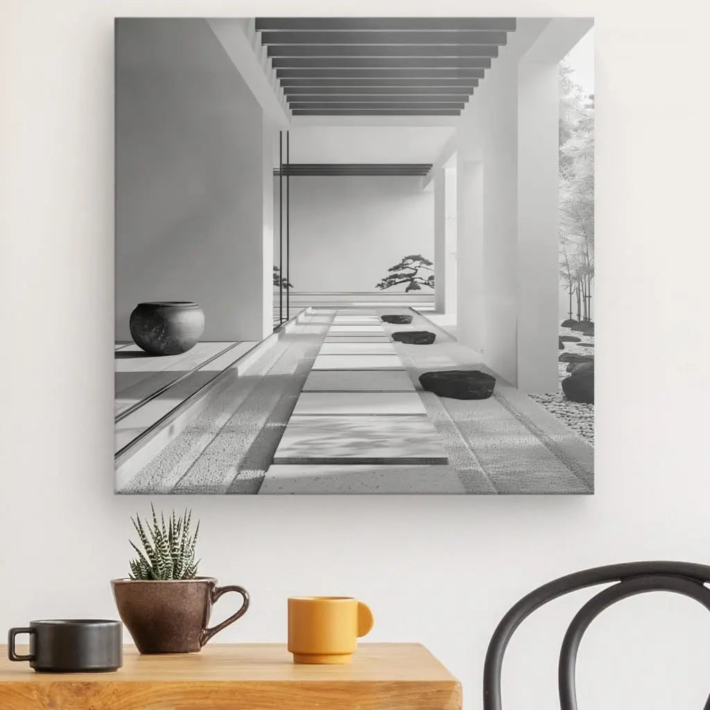 Un espace intérieur minimaliste avec un Tableau Espace Détente Architecture Noir et Blanc d'un chemin géométrique décore un mur. Une table en bois avec trois tasses et une petite plante en pot se trouve sous la photo, soulignant l'élégante décoration intérieure.