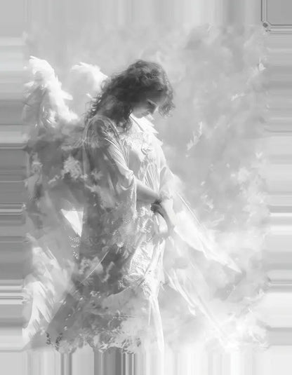 Une image en niveaux de gris d'une femme habillée en ange, avec de grandes ailes et une longue robe fluide, debout, la tête baissée au milieu d'un fond brumeux et éthéré, évoque un Tableau Ange Peinture Noir et Blanc serein.