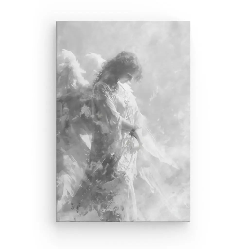 Une image en niveaux de gris d'une figure angélique avec des ailes, debout sur un fond brumeux semblable à un nuage, dégageant une présence sereine et éthérée ; ce Tableau Ange Peinture Noir et Blanc résume la pure sérénité intérieure comme un tableau magistral.