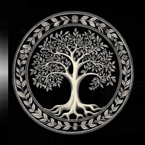 Un arbre au design complexe avec des branches et des racines, enfermé dans une bordure circulaire décorée de divers motifs de feuilles, sur un fond sombre, rappelant un Tableau Arbre de Vie Noir et Blanc.