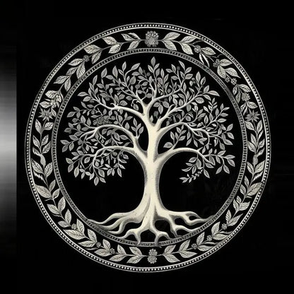 Un arbre au design complexe avec des branches et des racines, enfermé dans une bordure circulaire décorée de divers motifs de feuilles, sur un fond sombre, rappelant un Tableau Arbre de Vie Noir et Blanc.