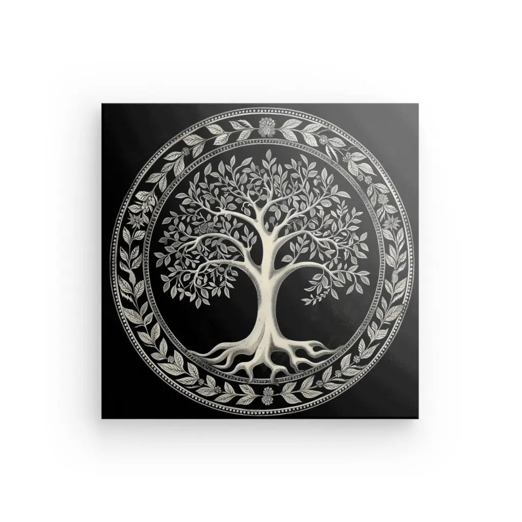 Ce superbe Tableau Arbre de Vie Noir et Blanc présente un arbre blanc avec des branches et des racines complexes, entouré d'un motif de feuilles détaillé sur un fond noir.