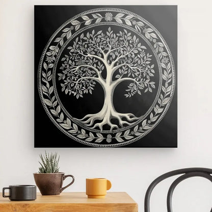 Un art mural Noir et Blanc présentant un Tableau Arbre de Vie Noir et Blanc au design complexe dans une bordure circulaire. La scène est complétée par une table en bois avec deux tasses, une petite plante en pot et une chaise noire.