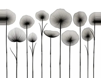 Illustration Noir et Blanc de fleurs délicates et abstraites avec de fines tiges et des pétales ronds et translucides sur fond blanc. Cette pièce Tableau Fleurs Séchées Végétaux Noir et Blanc capture l'essence de l'élégance discrète.