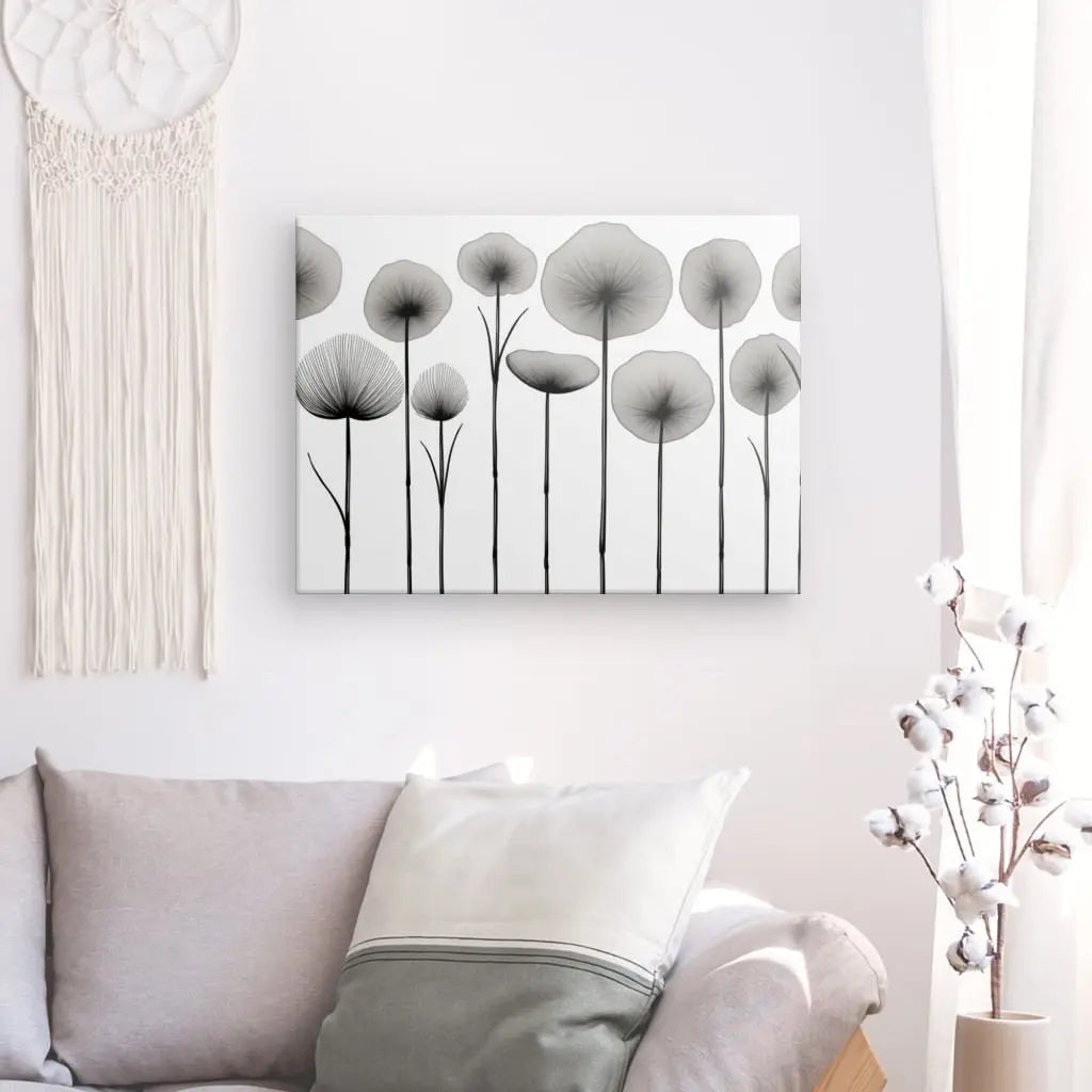 Un salon minimaliste avec un canapé gris et un coussin blanc, avec une décoration murale de fleurs abstraites et un Tableau Fleurs Séchées Végétaux Noir et Blanc suspendu.