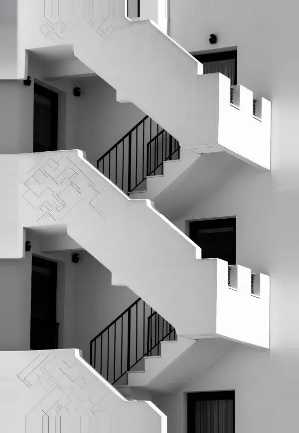 Une photographie en noir et blanc d'un paysage architectural présentant une façade extérieure de bâtiment avec deux séries d'escaliers en zigzag et des garde-corps minimalistes reliant différents étages, rappelant un Tableau Escaliers Noir et Blanc Paysage Architectural.