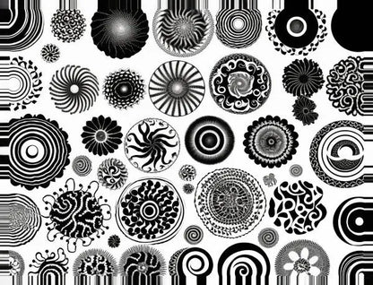 Un assortiment de motifs circulaires en noir et blanc, chacun avec des motifs uniques et complexes sur un fond blanc, capturant l'essence de la modernité épurée dans Tableau Formes Géométriques Noires Fond Blanc.